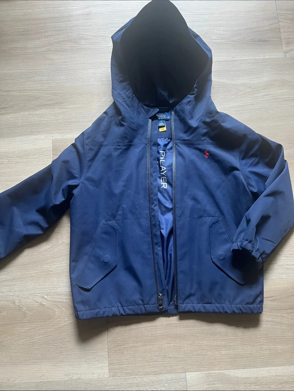 Polo by Ralph Lauren Navy Hooded Kids Rain Jacket with Red Polo Pony, size 6.